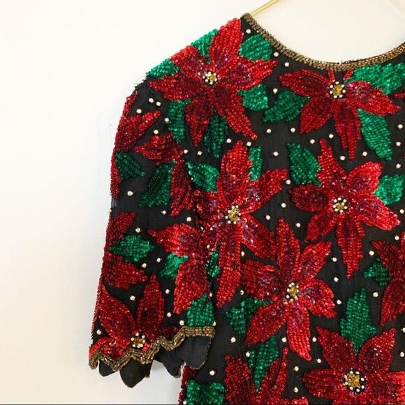 Vintage Laurence Kazar Holiday Beaded Sequin Red Poinsettia Black SILK Top SZS/M - Picture 2 of 4